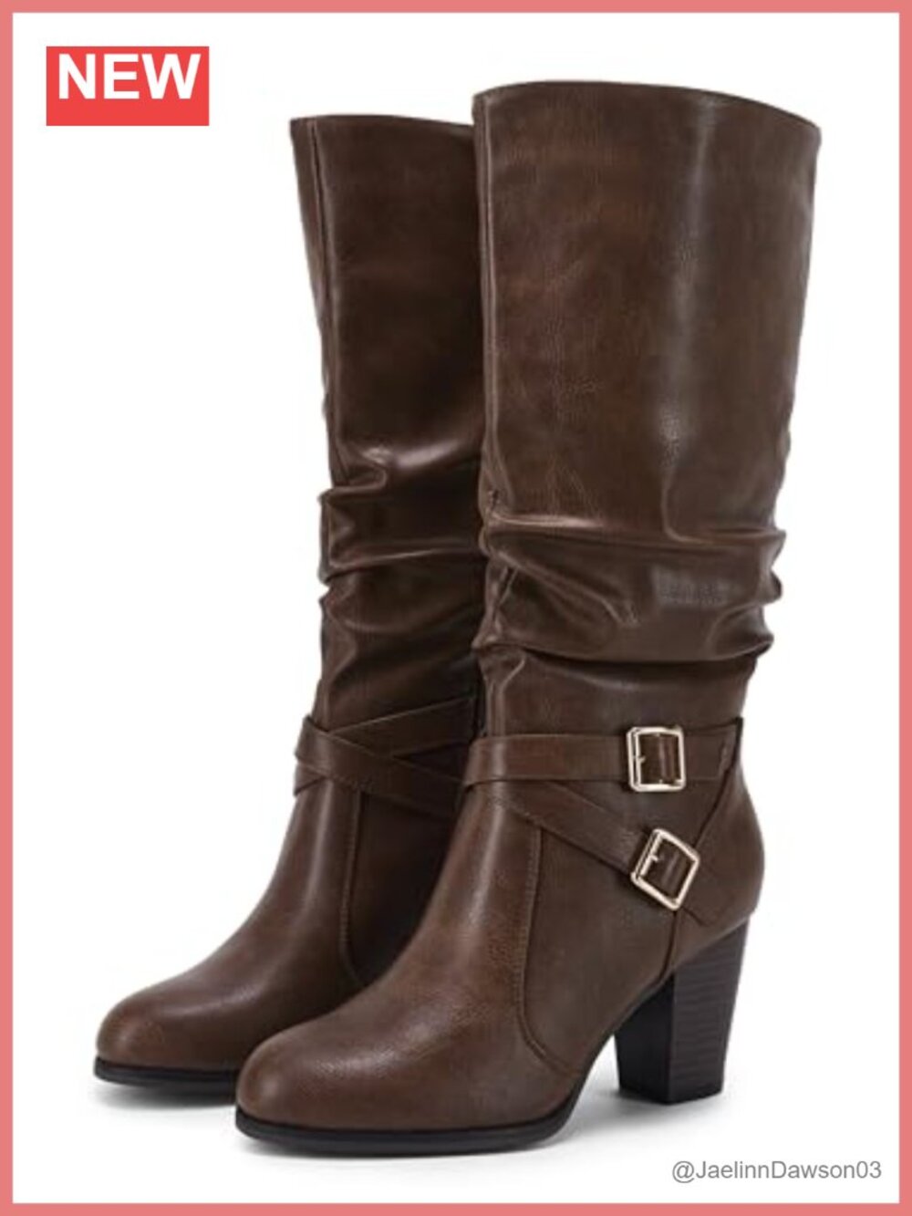 Faux Leather Knee High Boots Chunky Heel Slouchy Metal Buckle Side Zipper
